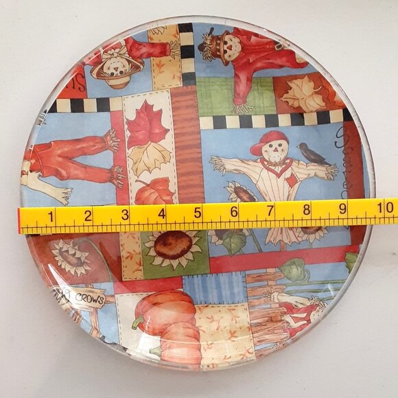 Fall Decorative Serving Plate, Thanksgiving plate, Scarecrow, Maple Leaves, 10" - Picture 2 of 3